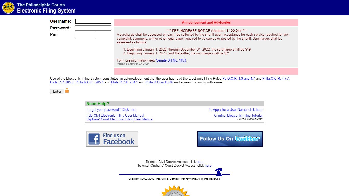 Philadelphia Courts E-Filing User Log On